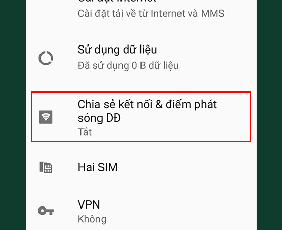Bước 2: Chọn Chia sẻ kết nối & điểm phát sóng DĐ.