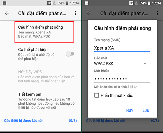 Vào mục Cấu hình điểm phát sóng để thiết lập Tên mạng và Bảo mật. Sau đó chọn LƯU.