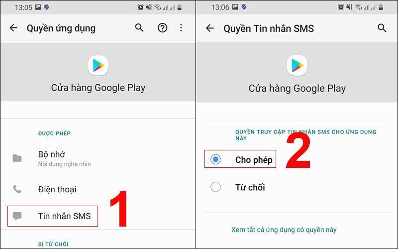 Cấp quyền thông báo bằng tin nhắn cho Google Play - viettel telecom bị vô hiệu