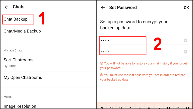 Backup chat và đặt mật khẩu backup