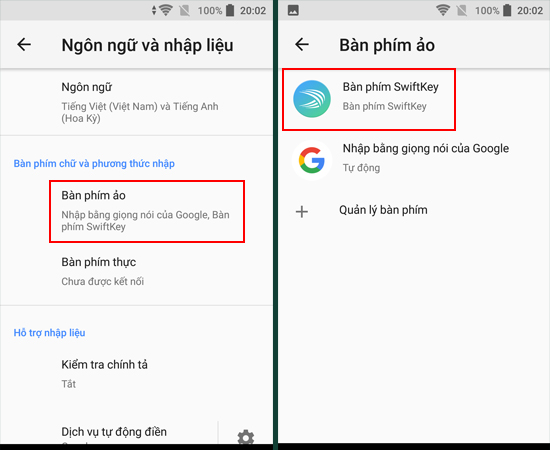 Bước 3: Tại đây, bạn chọn tiếp vào Bàn phím ảo rồi sau đó chọn Bàn phím Swiftkey.