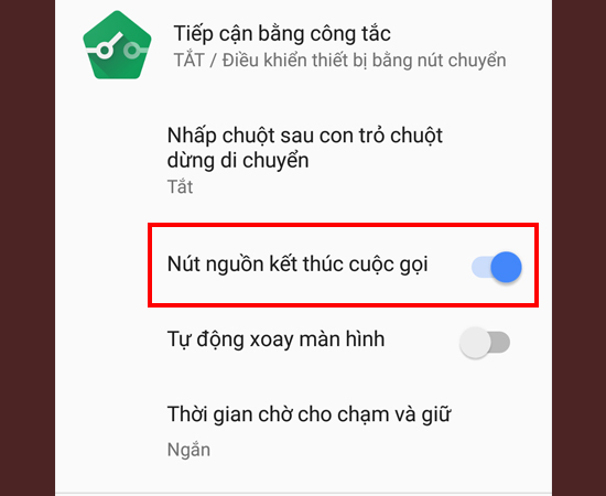 Bước 3: Tại mục Trợ năng, bạn sẽ thấy Nút nguồn kết thúc cuộc gọi và hãy bật tính năng này lên.