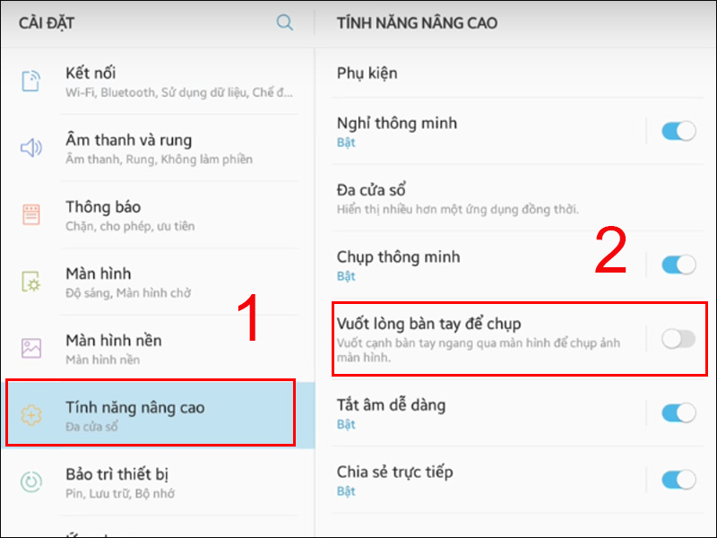 Mở tab Tính năng nâng cao trong Cài đặt