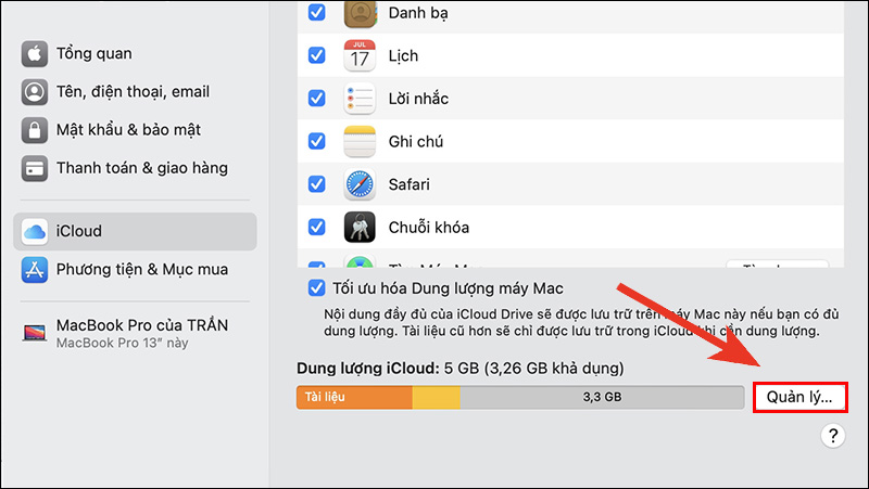 V&agrave;o Quản l&yacute; để kiểm tra dung lượng hoặc n&acirc;ng cấp g&oacute;i iCloud