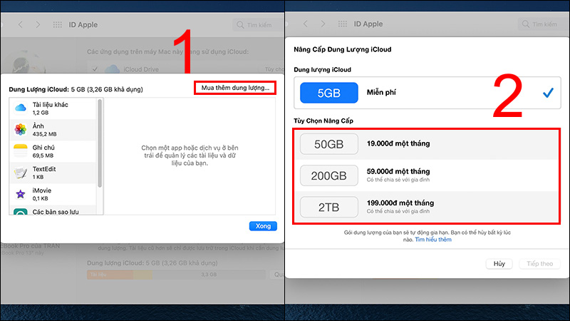 Nhấn Mua th&ecirc;m dung lượng rồi chọn g&oacute;i iCloud ph&ugrave; hợp