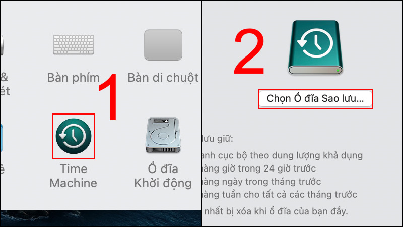 Chọn Time Machine rồi nhấn v&agrave;o Chọn Ổ đĩa Sao lưu