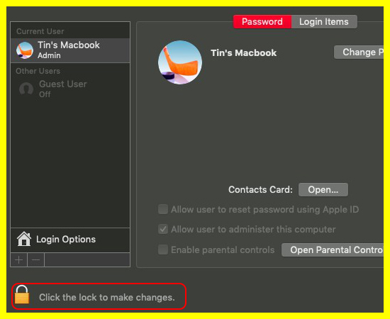 Chọn vào icon hình ổ khóa để xác thực người dùng hiện tại.