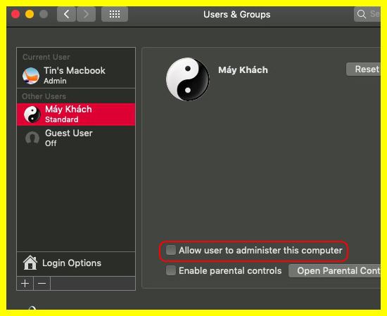 Chọn vào ô vuông trước mục Allow user to administer this computer