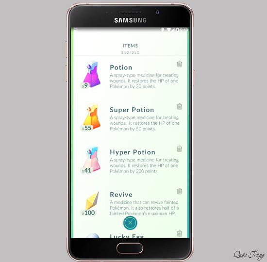 Danh sách các vật phẩm hiện có.