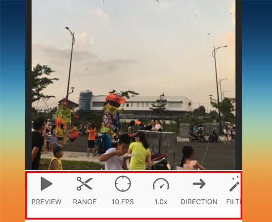 Ở mục Editor bạn c&oacute; thể t&ugrave;y chỉnh th&ecirc;m như: chọn phạm vi ảnh (RANGER), chọn tốc độ , số khung h&igrave;nh (FPS), chuyển hướng (DIRECTION), cắt ảnh (CROP), th&ecirc;m bộ lọc m&agrave;u (FILTER), xoay...