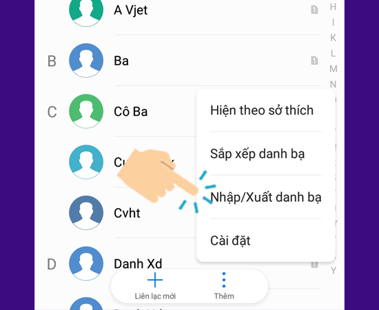 Chọn vào Nhập/ xuất danh bạ