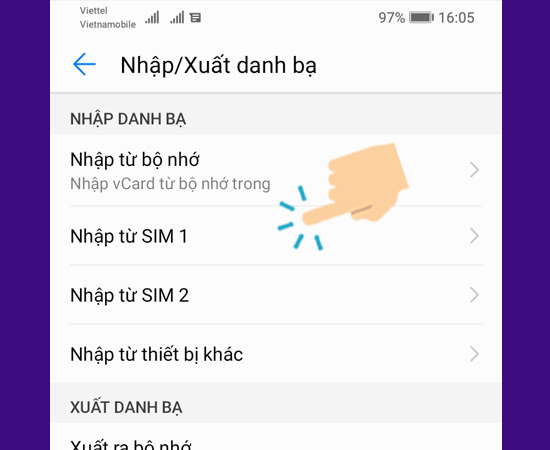 Chọn sim để nhập danh bạ