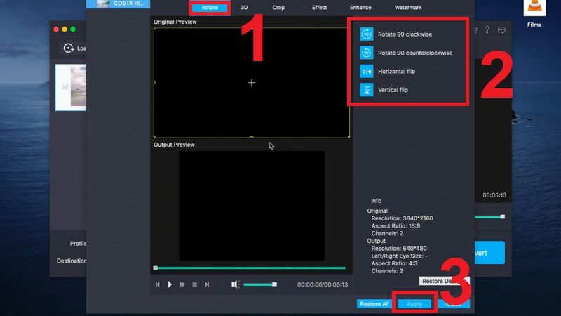 Chọn Rotate sau đ&oacute; t&ugrave;y chọn c&aacute;c chế độ xoay rồi nhấn Apply để lưu thao t&aacute;c xoay video