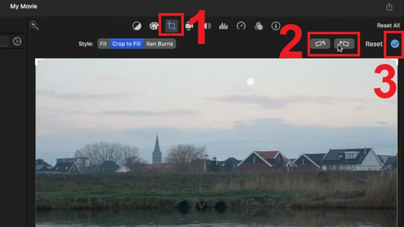 Nhấp v&agrave;o biểu tượng Cắt x&eacute;n sau đ&oacute; chọn xoay video theo chiều mong muốn rồi nhấn dấu tick xanh để lưu