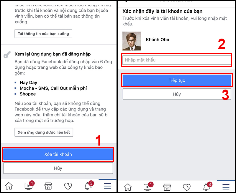 Xóa tài khoản Facebook trên điện thoại, delete account facebook trên i