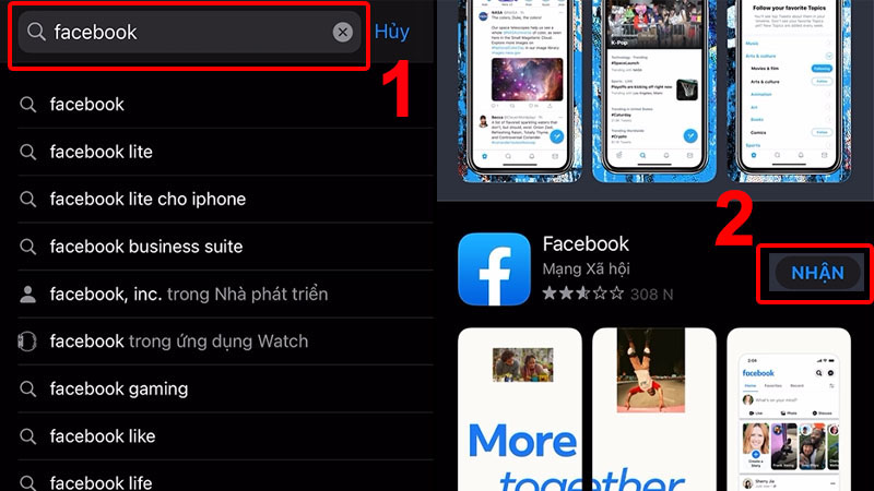 Tìm ứng dụng Facebook và chọn Nhận để tải xuống