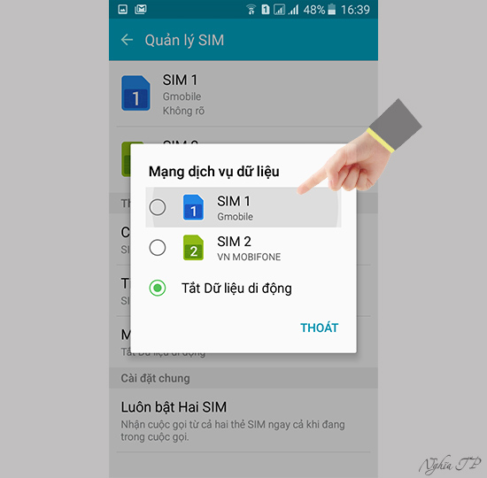 Chọn sim mà bạn muốn kết nối 3G