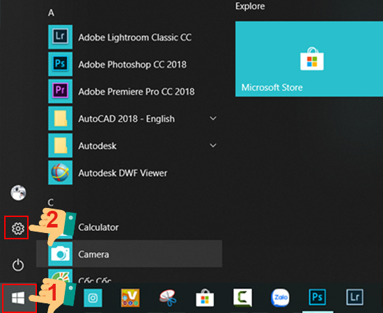 Bước 1: Chọn vào biểu tượng Windows ở góc dưới bên phải màn hình > Chọn vào biểu tượng Cài đặt (Settings).