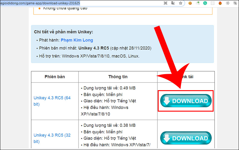 Chọn vào DOWNLOAD để tải phiên bản Unikey phù hợp