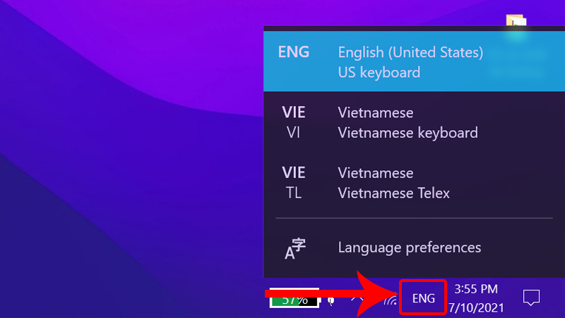 Chuột trái vào biểu tượng mã ngôn ngữ có 3 chữ cái ở dưới thanh Taskbar