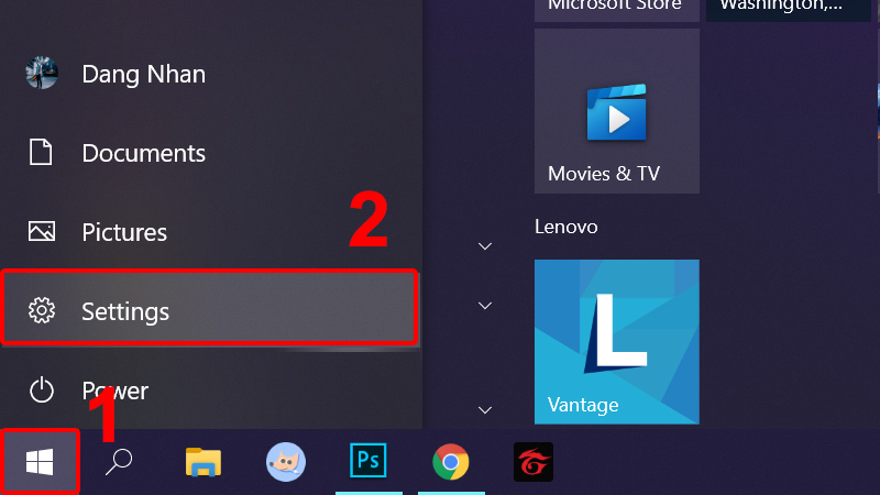 Vào Menu Start và chọn Settings