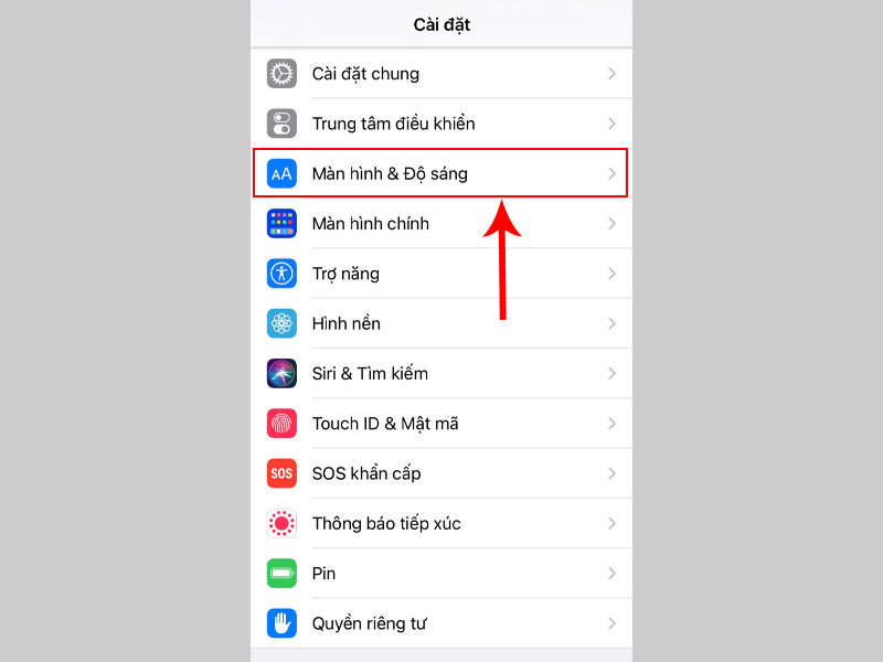 K&eacute;o xuống v&agrave; chọn mục M&agrave;n h&igrave;nh & Độ s&aacute;ng