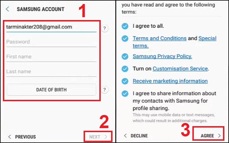 Chọn Samsung Cloud > Chọn tiếp vào Create Account (Tạo tài khoản)” class=”lazy” src=”http://cdn.tgdd.vn/hoi-dap/890015/tk2-800×450.jpg”/></p>
<p>Chọn Samsung Cloud > Chọn tiếp vào Create Account ( Tạo tài khoản )</p>
<p><strong>Bước 3</strong>: Nhập các thông tin được yêu cầu để đăng ký > Nhấn <strong>Next</strong> (Tiếp theo) > Đồng ý tất cả với các điều khoản và xác nhận <strong>Agree </strong>(Đồng ý).</p>
<p><img alt=