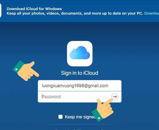 Bước 1: Vào địa chỉ web iCloud trên laptop - Đăng nhập tài khoản iCloud - chọn dấu mũi tên.