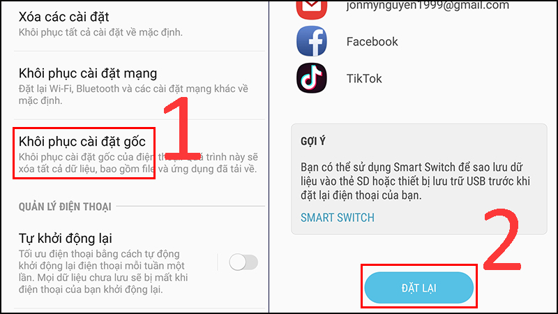 Chọn Khôi phục cài đặt gốc > Chọn ĐẶT LẠI.