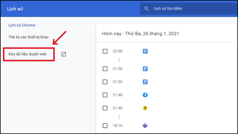 Trong mục Lịch sử  Xóa dữ liệu web