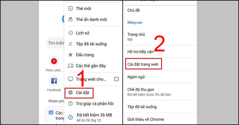 Chọn Cài đặt  Chọn Cài đặt trang web