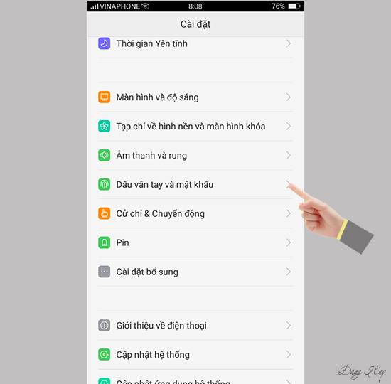 Chọn dấu v&acirc;n tay v&agrave; mật khẩu.