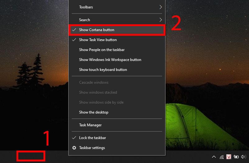 Hiển thị biểu tượng Cortana trên thanh Taskbar