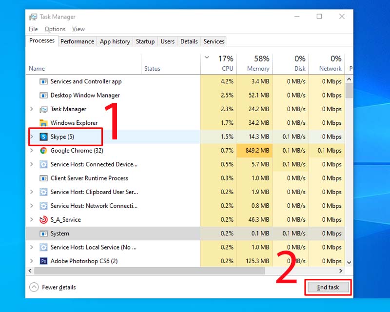 Nhấn phím Windows > Gõ và chọn Task Manager > Chọn các phần mềm bạn muốn tắt > Chọn End task 