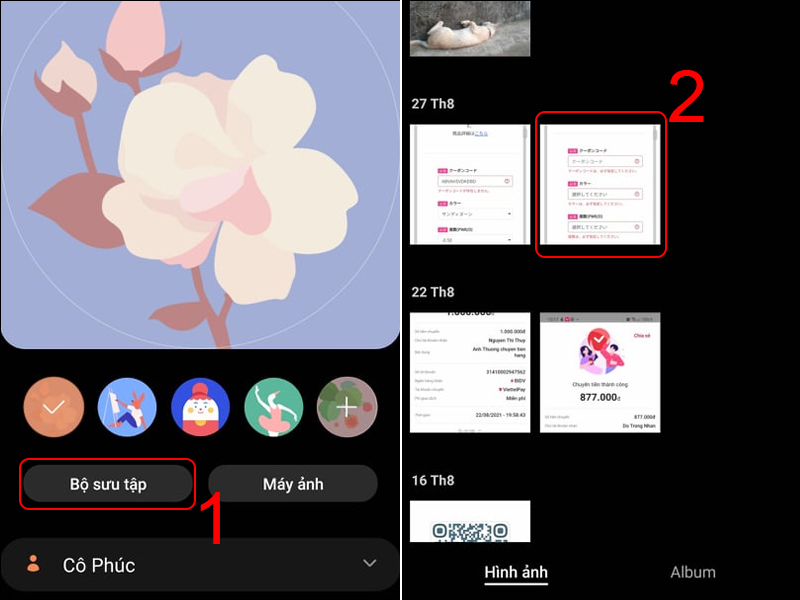 Nhấn v&agrave;o Bộ sưu tập v&agrave; chọn một bức ảnh m&agrave; bạn muốn ch&egrave;n
