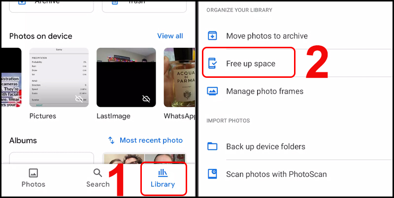 Tìm và chọn Free up space trong Google Photos