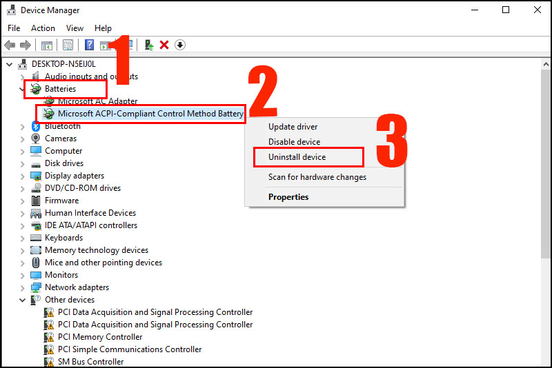 Chọn Batteries  Phải chuột tại mục Microsoft ACPI-Compliant Control Method Battery  Chọn Uninstall device.