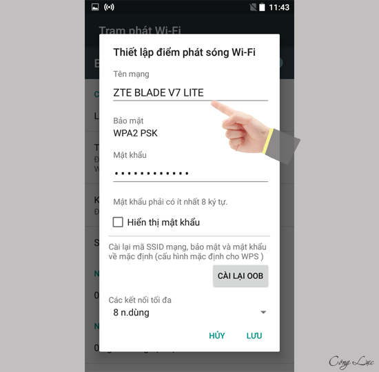 Nhập tên và mật khẩu phát wifi
