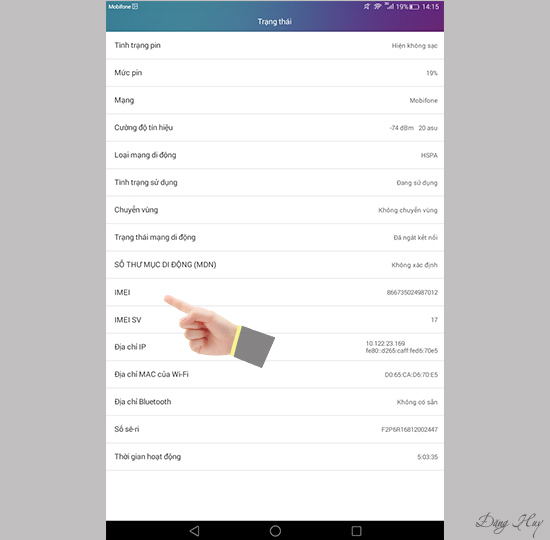 Bước 3: Chọn Trạng thái để xem IME máy.