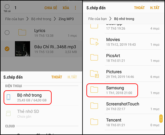 Chọn vào mục Samsung ở Bộ nhớ trong