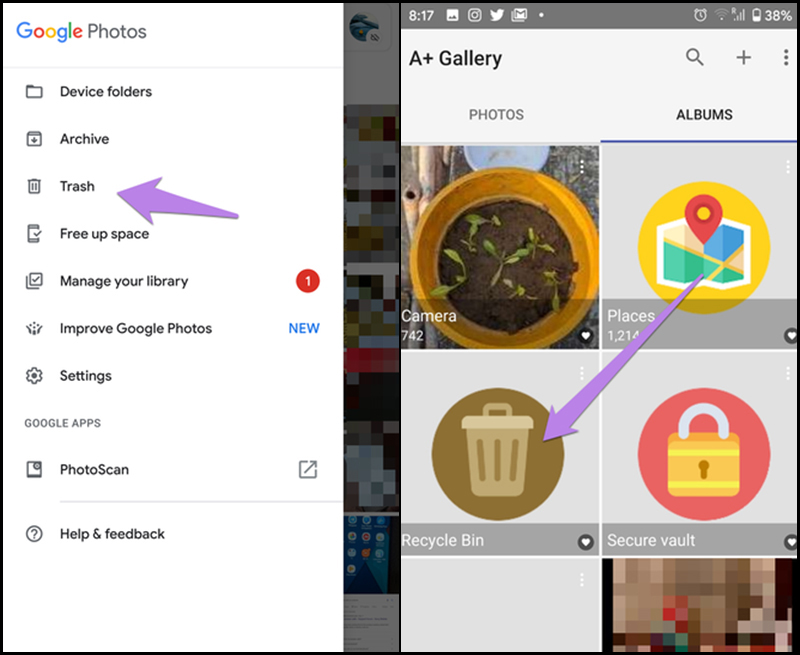 Thùng rác trên Google Photos và trên điện thoại