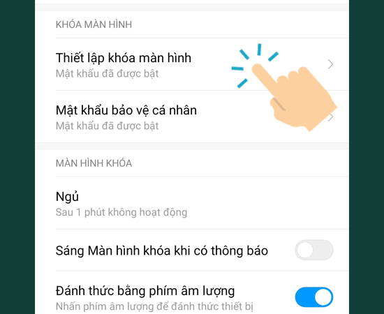  v&agrave;o Thiết lập kh&oacute;a m&agrave;n h&igrave;nh