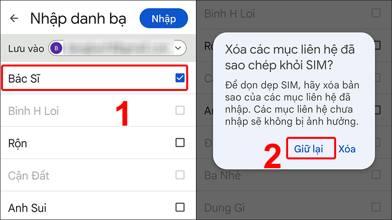 Chọn liên hệ cần sao chép và nhấn Giữ lại