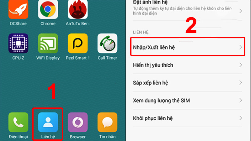Vào Liên hệ và chọn Nhập/Xuất liên hệ
