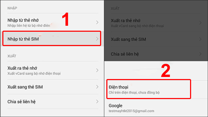 Chọn Nhập từ thẻ SIM và chọn vị trí lưu Điện thoại