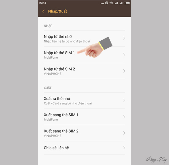Bước 3: Chọn Nhập từ thẻ sim 1"