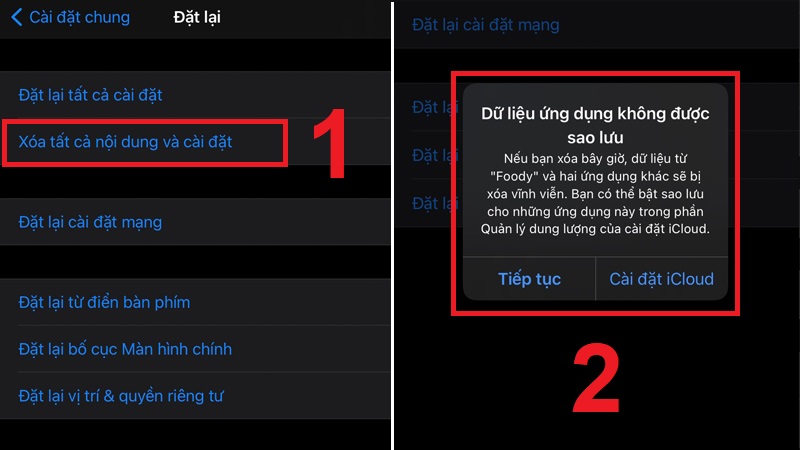 Chọn Xóa tất cả nội dung và cài đặt