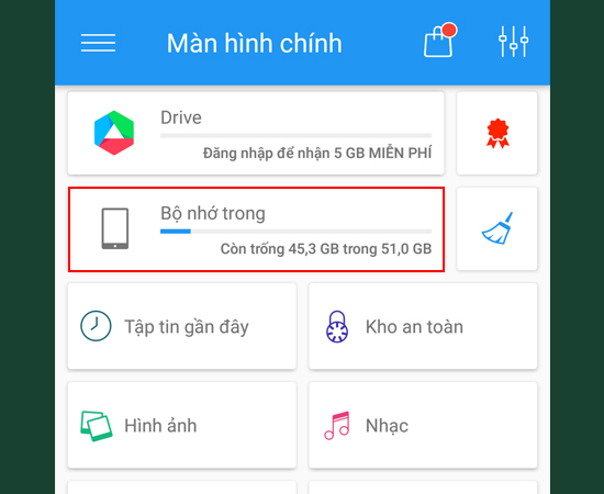 Bước 3: Chọn Bộ nhớ trong.