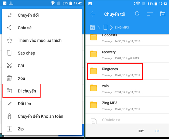 Bước 6: Di chuyển b&agrave;i h&aacute;t đến thư mục Ringtones.