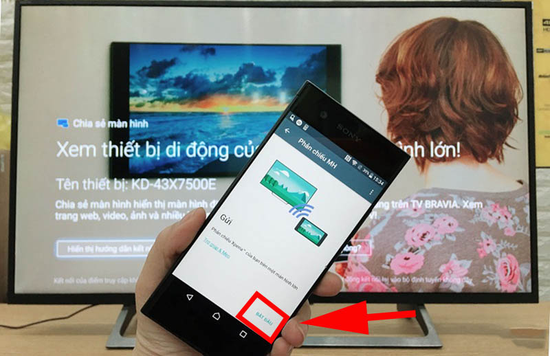 Sau khi bấm Bắt đầu trên điện thoại thì tìm chọn tên thiết bị tivi